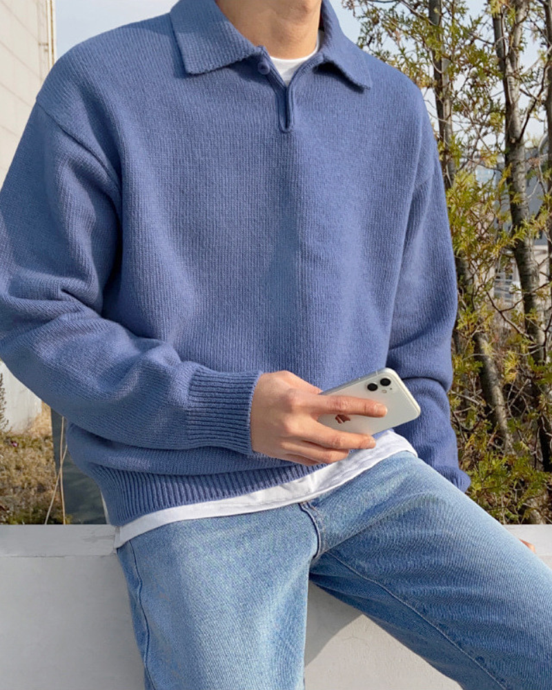 Men's Wool Knit Polo Jumper with Button Placket and Dropped Shoulder - Blue
