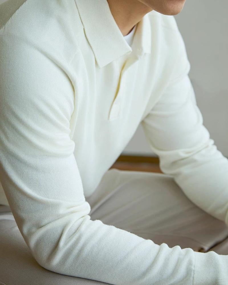 Men's Wool Long Sleeve Polo with Three-Button Placket