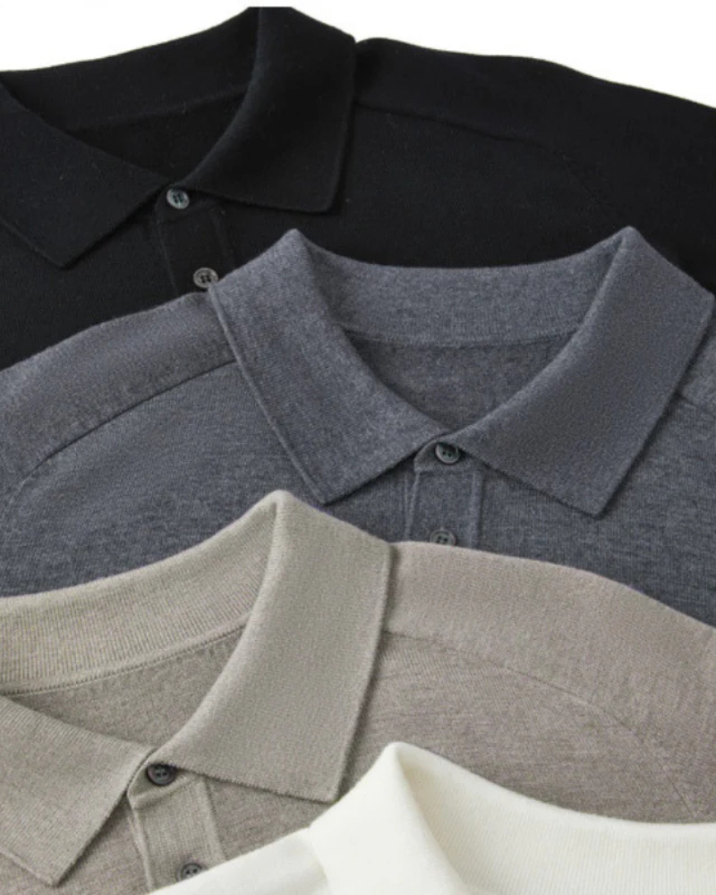 Men's Wool Long Sleeve Polo with Three-Button Placket