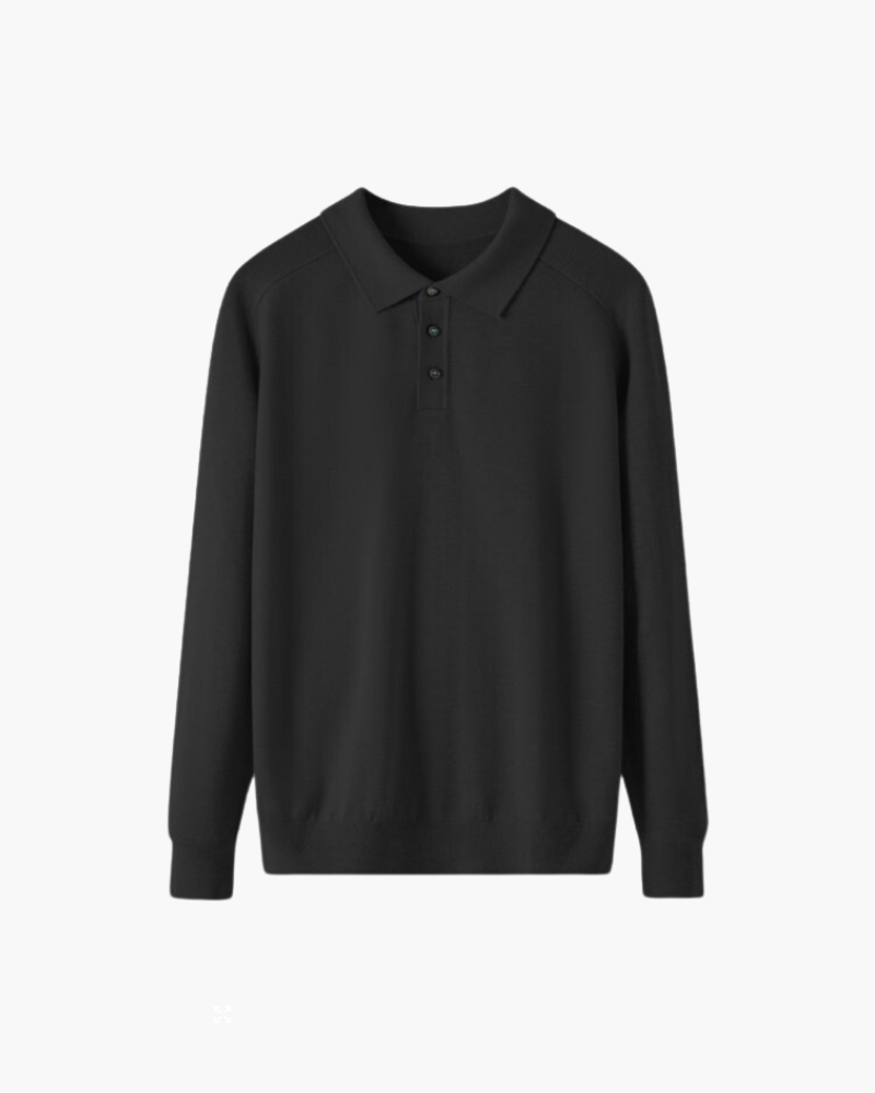 Men's Wool Long Sleeve Polo with Three-Button Placket - Black
