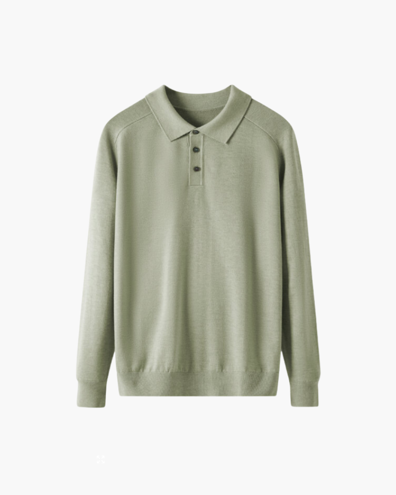 Men's Wool Long Sleeve Polo with Three-Button Placket - Green