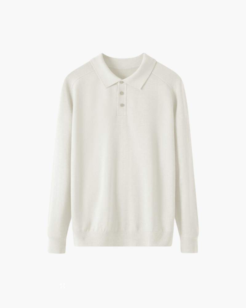 Men's Wool Long Sleeve Polo with Three-Button Placket - White