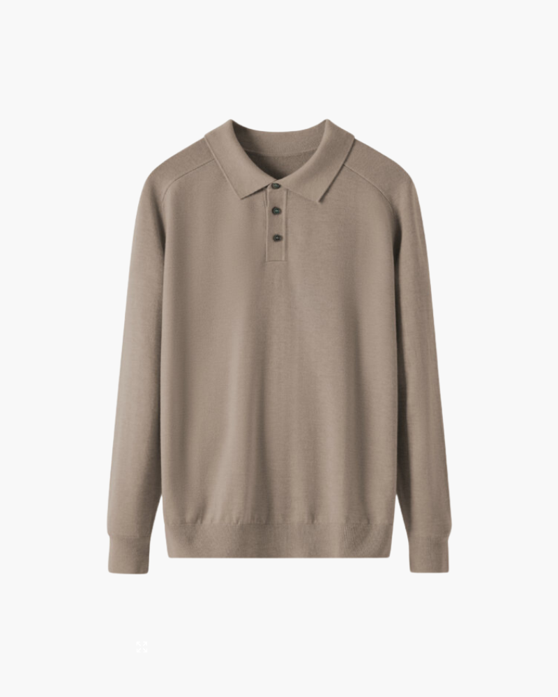 Men's Wool Long Sleeve Polo with Three-Button Placket - Brown