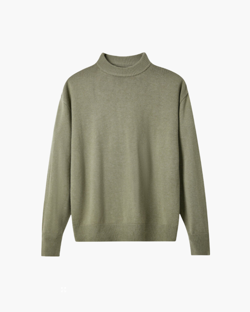 Men's Wool Roll Neck Jumper with Long Ribbed Cuffs and Relaxed Fit - Green
