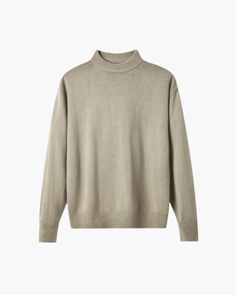 Men's Wool Roll Neck Jumper with Long Ribbed Cuffs and Relaxed Fit - Beige