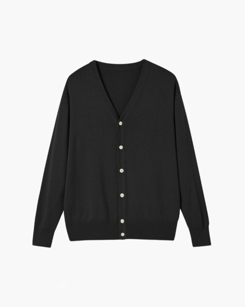 Men's Wool V-Neck Button Cardigan with Ribbed Trims - Black