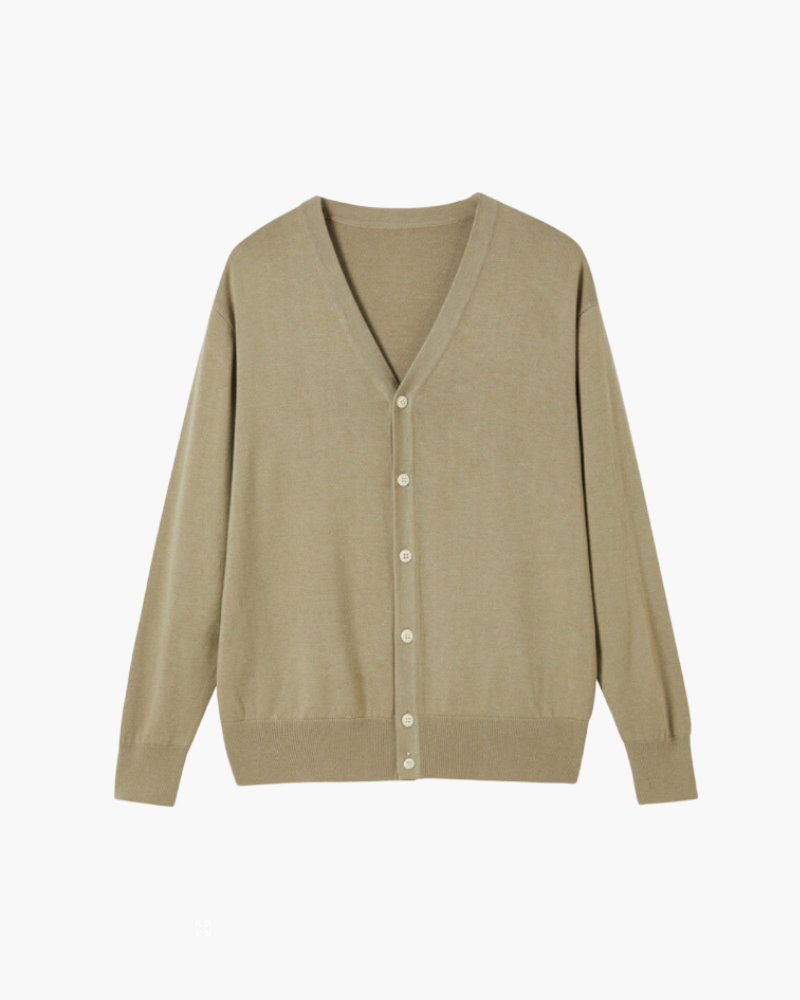 Men's Wool V-Neck Button Cardigan with Ribbed Trims - Beige