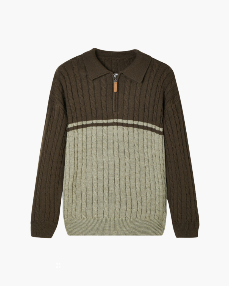 Men's Wool Zip Cardigan with Spread Collar and Ribbed Trims - Brown