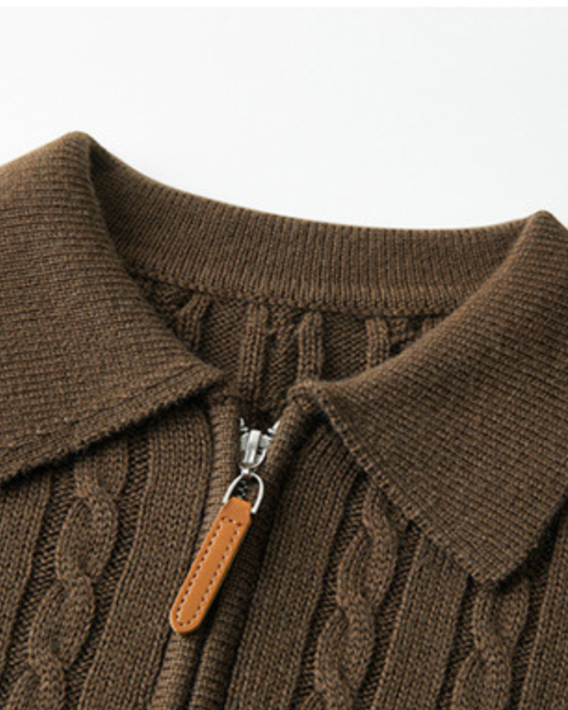 Men's Wool Zip Cardigan with Spread Collar and Ribbed Trims
