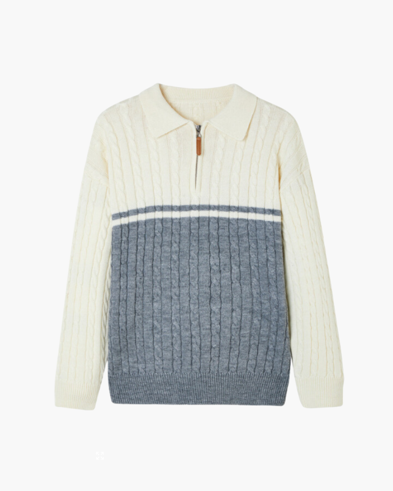Men's Wool Zip Cardigan with Spread Collar and Ribbed Trims - Blue Grey