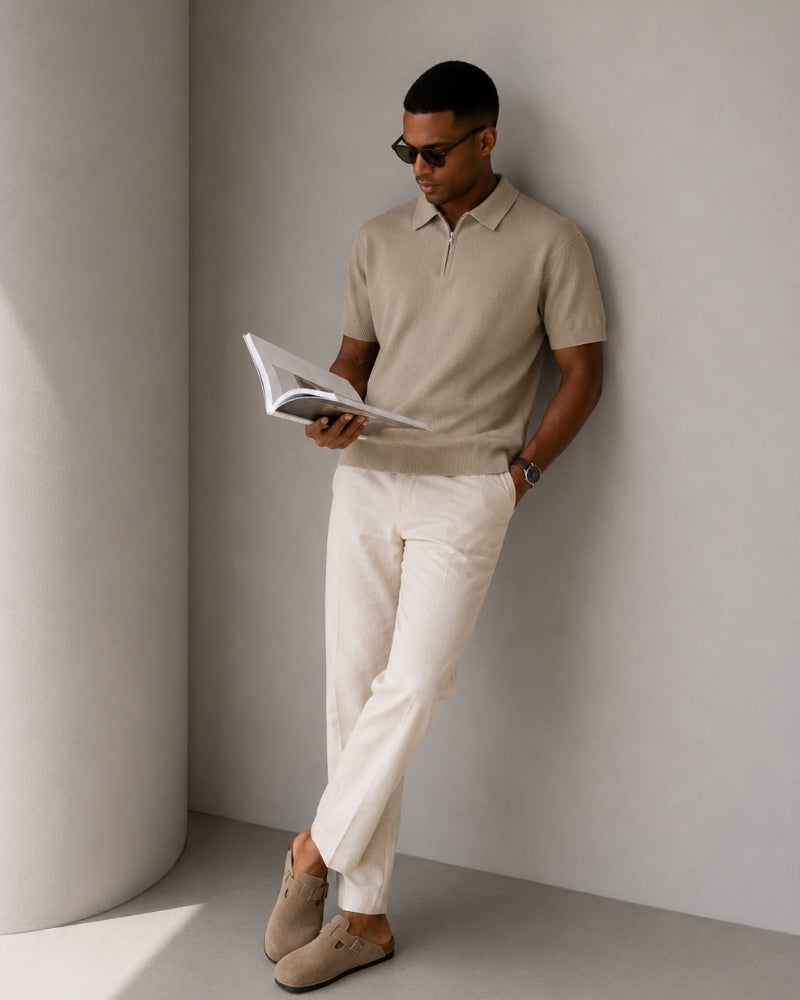 Men's Zip Neck Knit Polo with Short Sleeves and Collar