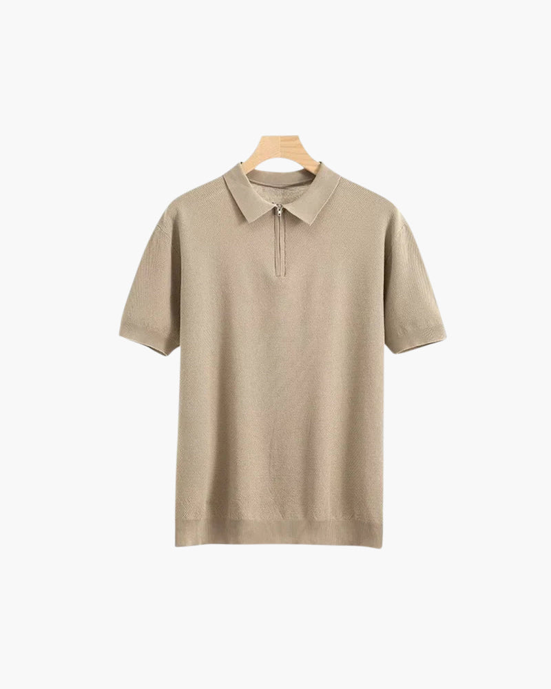 Men's Zip Neck Knit Polo with Short Sleeves and Collar - Beige