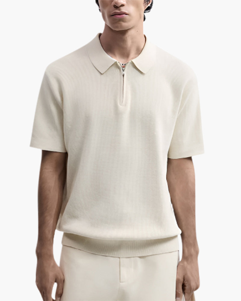 Men's Zip Neck Knit Polo with Short Sleeves and Collar