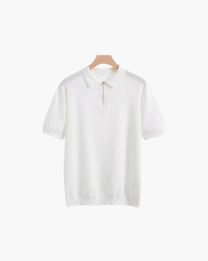 Men's Zip Neck Knit Polo with Short Sleeves and Collar - White