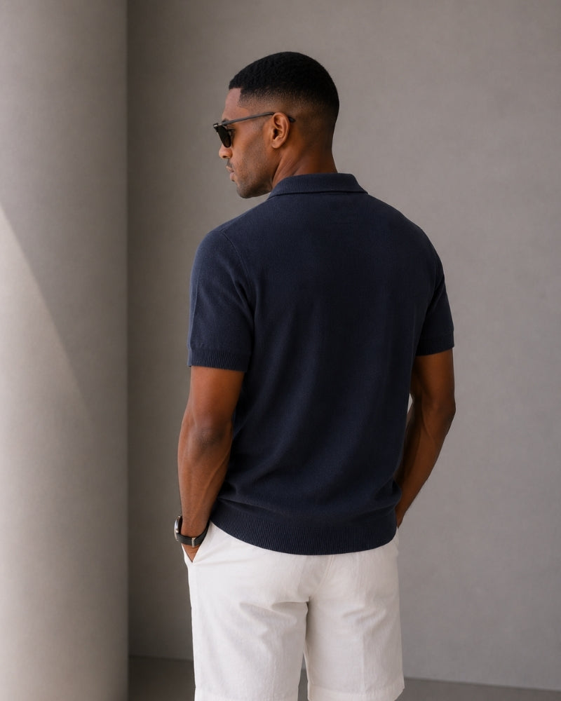 Men's Zip Neck Knit Polo with Short Sleeves and Collar