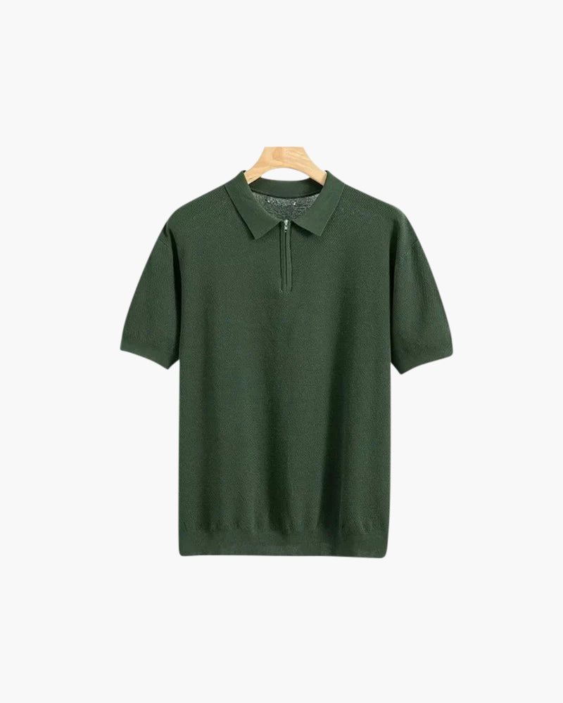 Men's Zip Neck Knit Polo with Short Sleeves and Collar - Dark Green