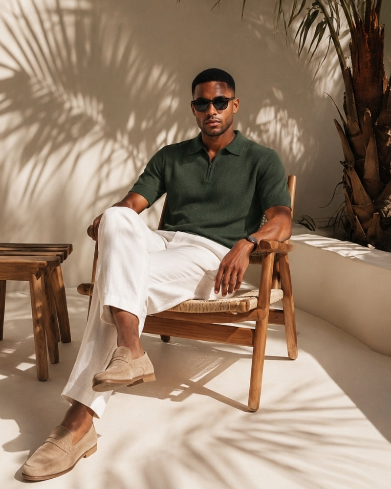 Men's Zip Neck Knit Polo with Short Sleeves and Collar