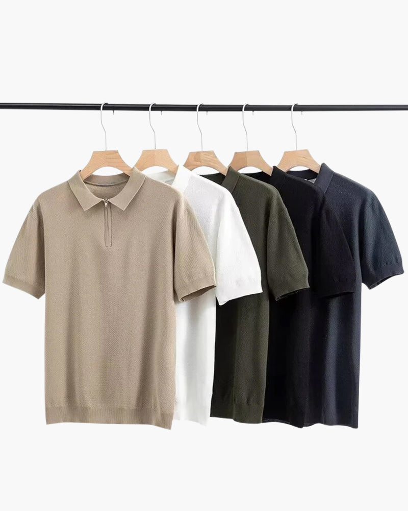 Men's Zip Neck Knit Polo with Short Sleeves and Collar
