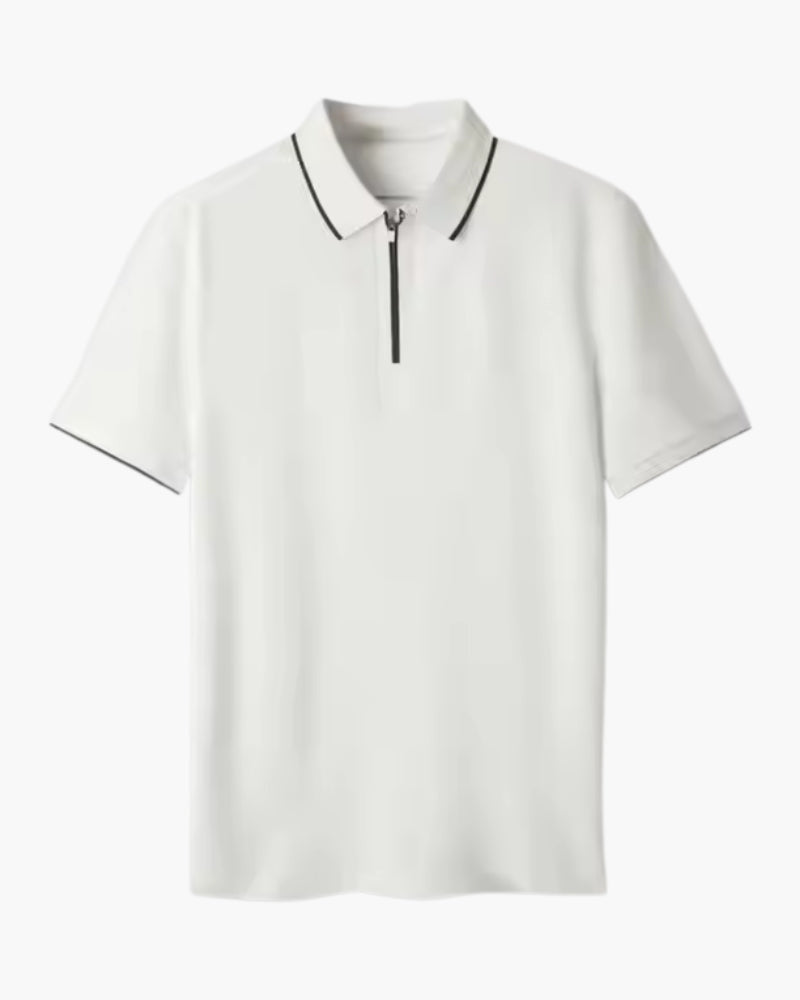 Men's Zip Polo with Contrast Piping and Short Sleeves - White