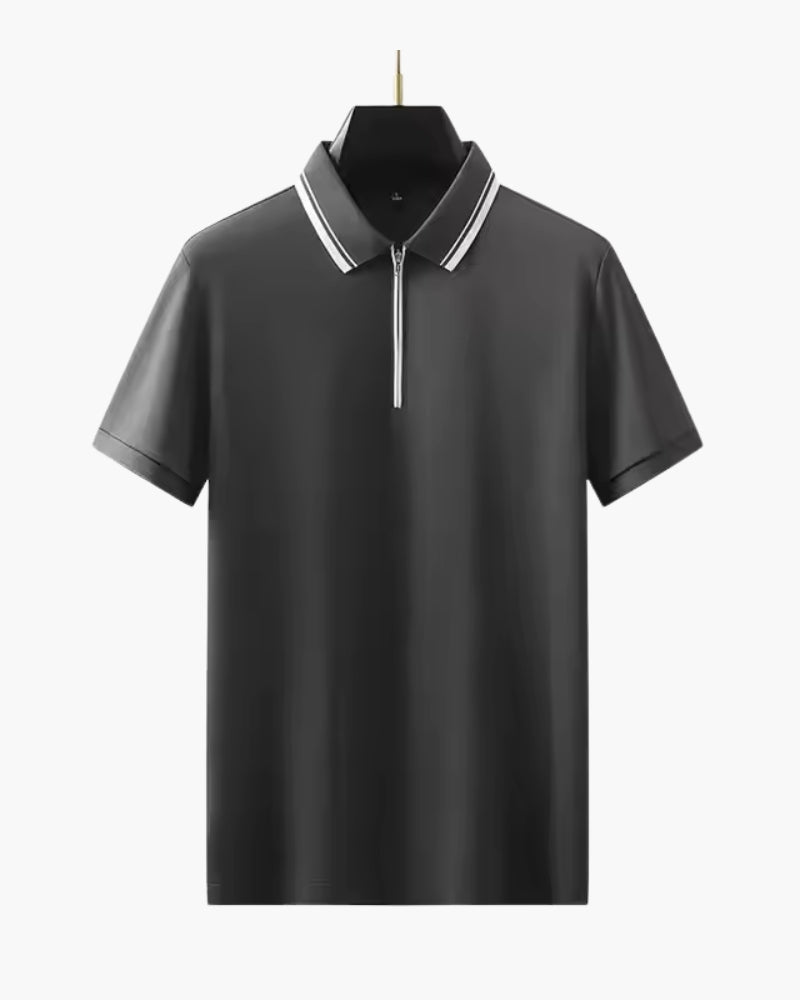 Men's Zip Polo with Contrast Piping and Short Sleeves - Dark Grey