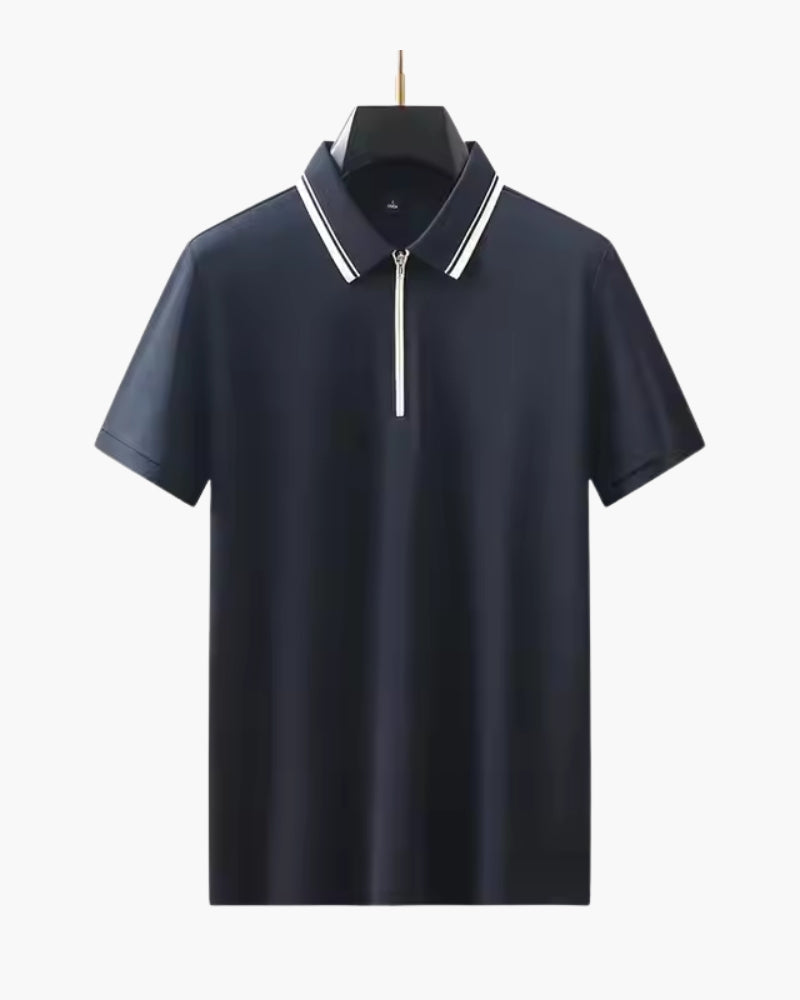 Men's Zip Polo with Contrast Piping and Short Sleeves - Navy