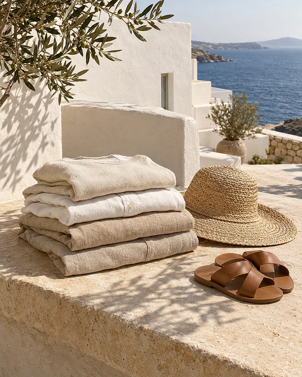 Folded linen and cotton in warm summer sunlight