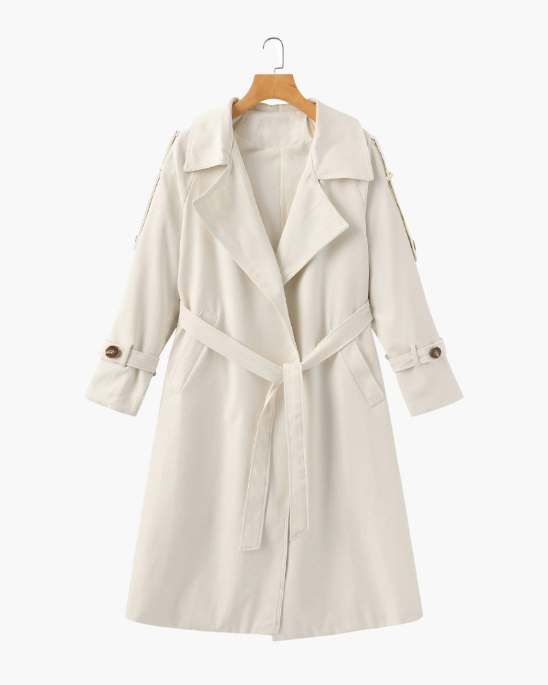 Women's Belted Trench Coat with Notch Lapel and Cuffed Sleeves - Beige