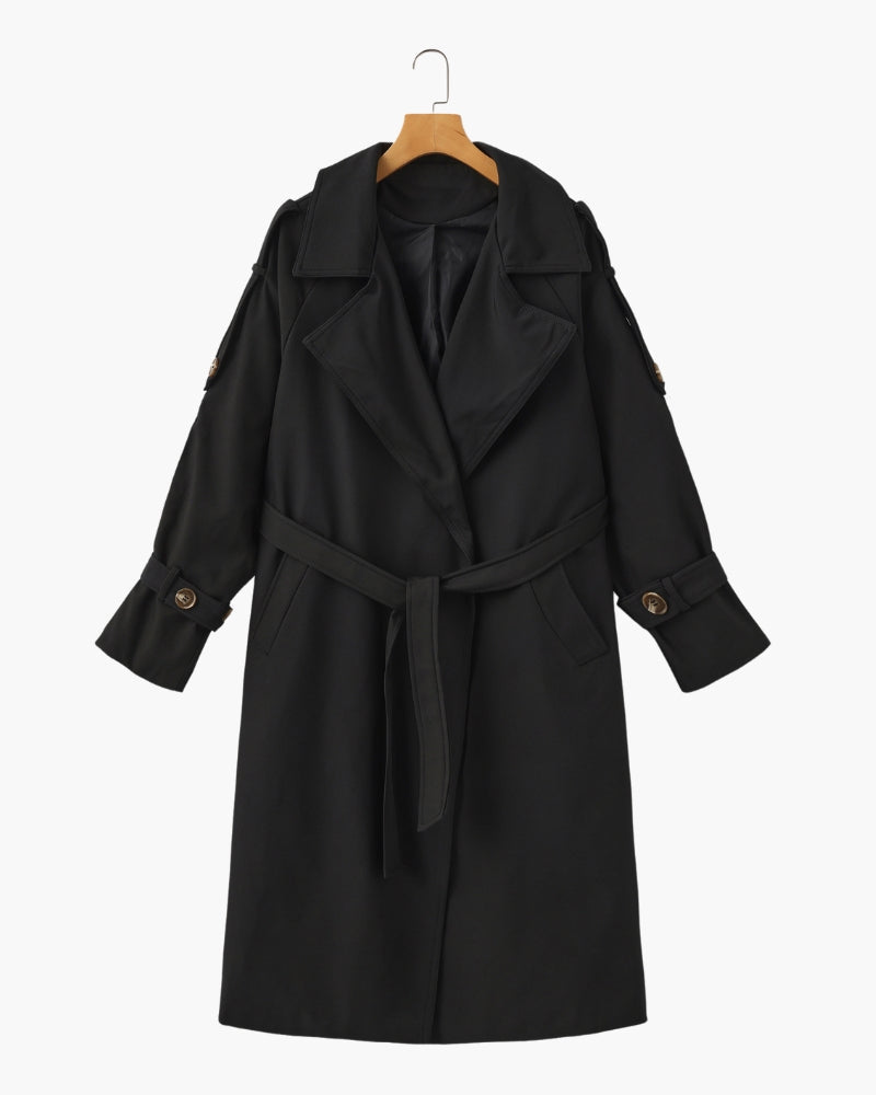 Women's Belted Trench Coat with Notch Lapel and Cuffed Sleeves - Black