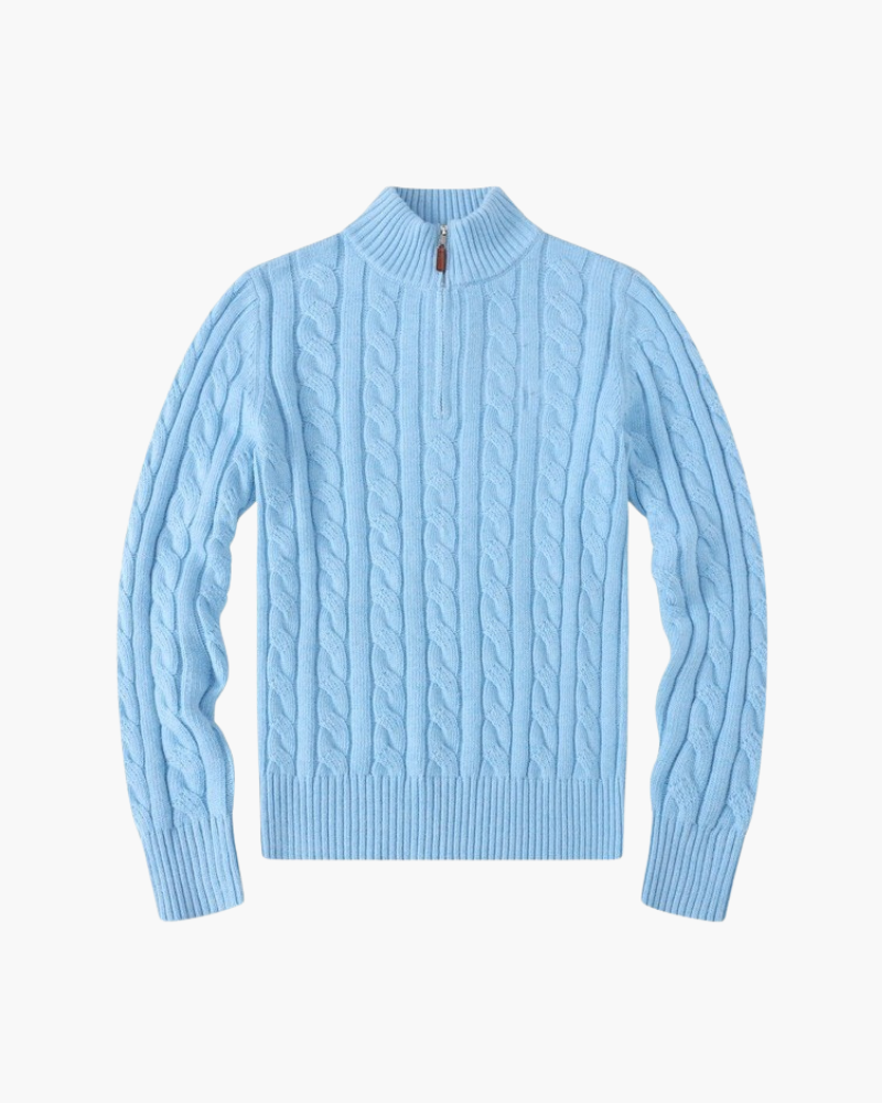 Women's Cable Knit Half-Zip Jumper with Stand Collar - Baby Blue