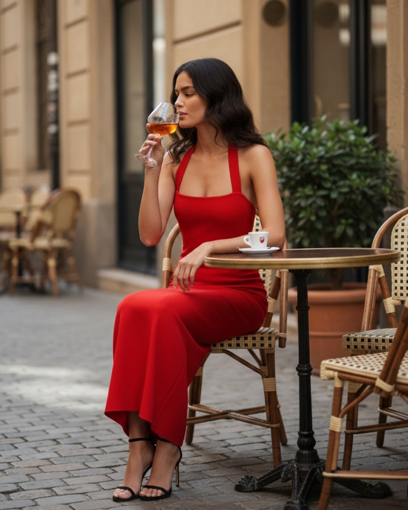 Women's Halter Neck Maxi Dress with Slim Fit and Adjustable Straps
