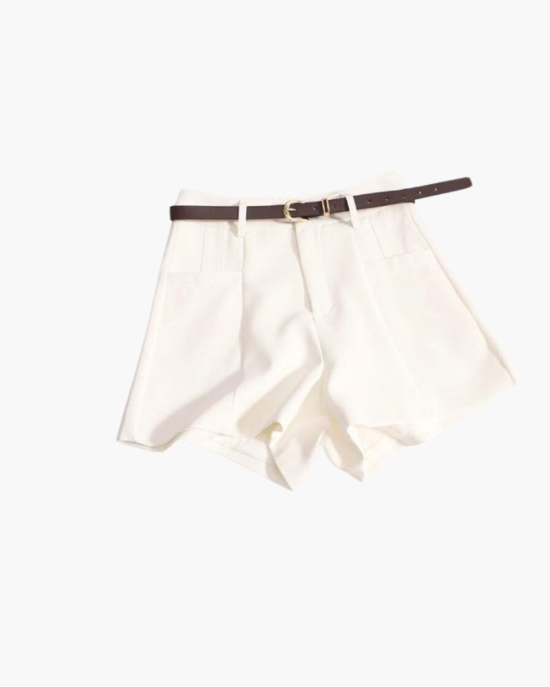 Women's High Waist Wide Leg Shorts with Slim Belt - White
