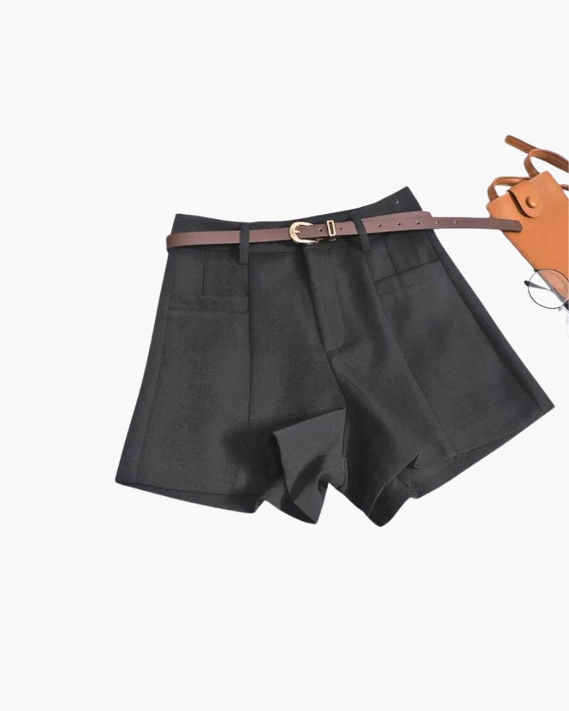 Women's High Waist Wide Leg Shorts with Slim Belt - Black