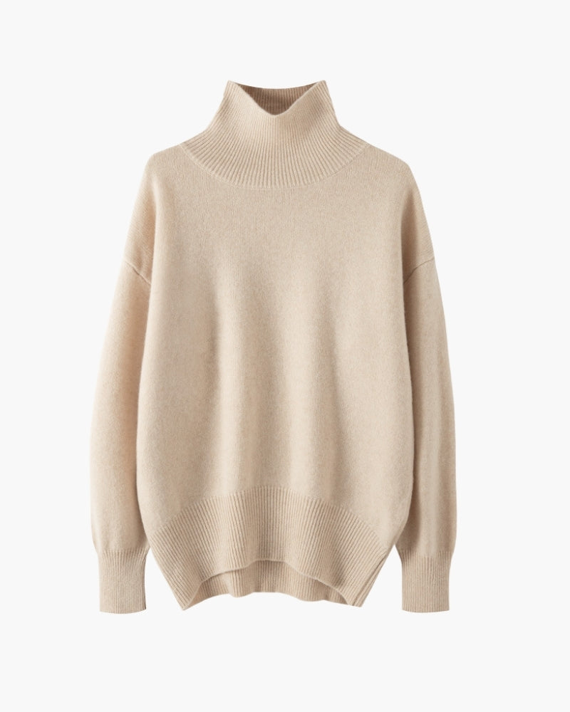Women's Oversized Roll Neck Jumper with Ribbed Cuffs - Beige