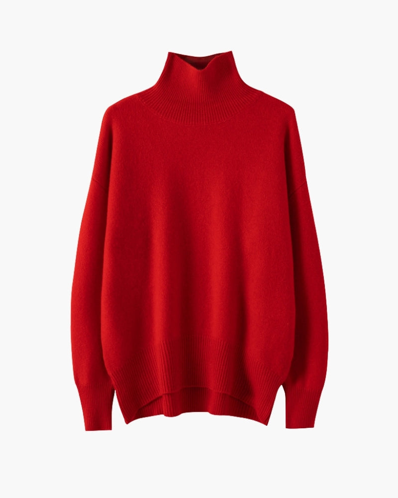 Women's Oversized Roll Neck Jumper with Ribbed Cuffs - Red