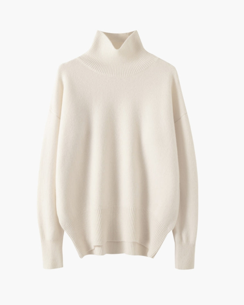 Women's Oversized Roll Neck Jumper with Ribbed Cuffs - Ivory