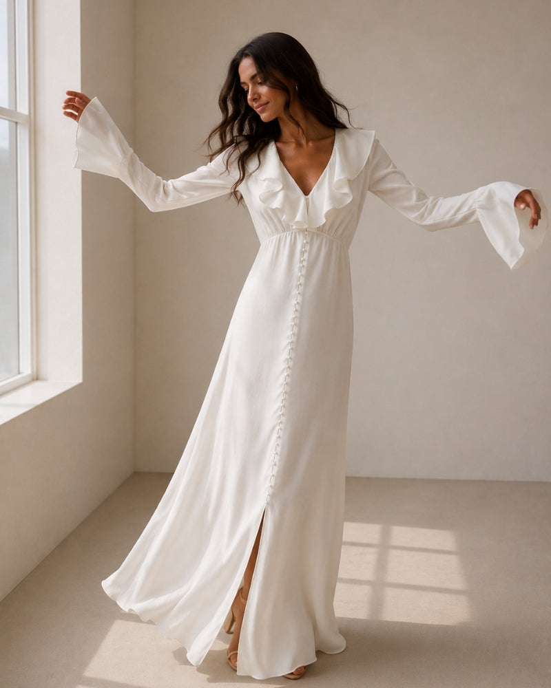 Women's Pearl Button Midi Dress with Ruffle Neckline and Flared Sleeves