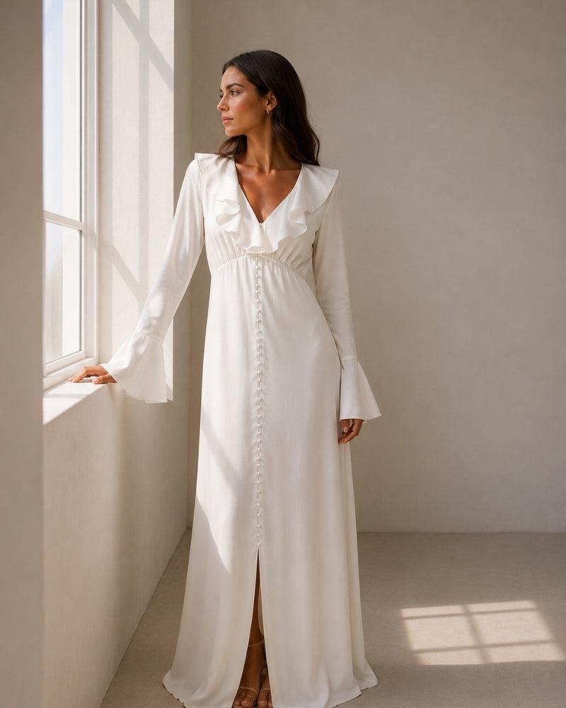 Women's Pearl Button Midi Dress with Ruffle Neckline and Flared Sleeves