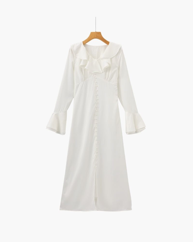 Women's Pearl Button Midi Dress with Ruffle Neckline and Flared Sleeves