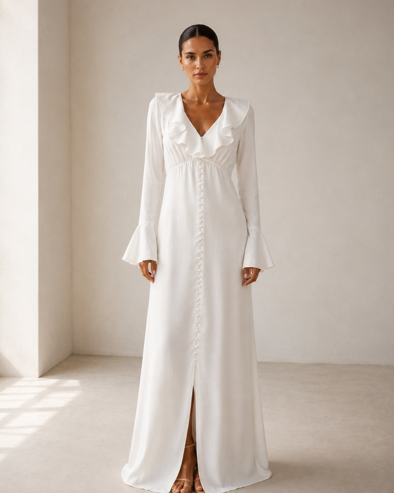 Women's Pearl Button Midi Dress with Ruffle Neckline and Flared Sleeves
