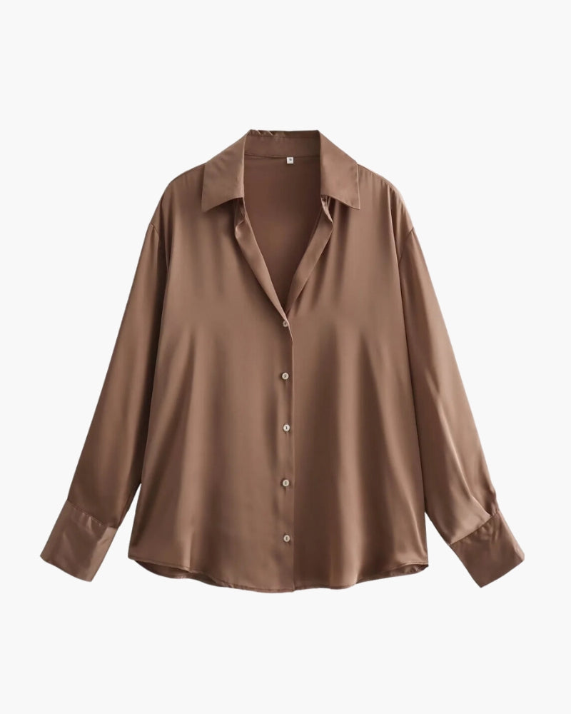 Women's Relaxed Button-Up Shirt with Rolled Sleeves and Chest Pocket - Sandy Brown