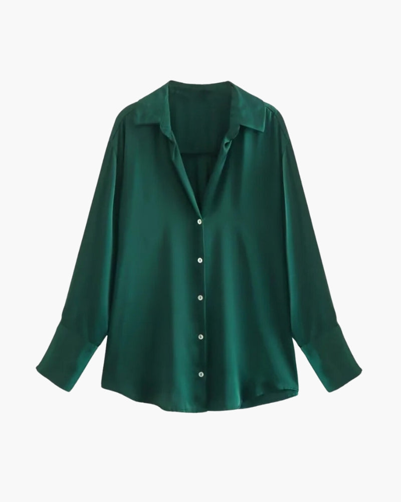 Women's Relaxed Button-Up Shirt with Rolled Sleeves and Chest Pocket - Emerald Green