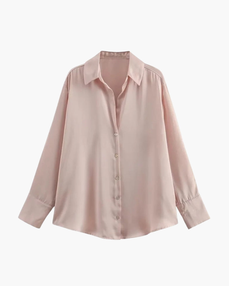 Women's Relaxed Button-Up Shirt with Rolled Sleeves and Chest Pocket - Spring Pink