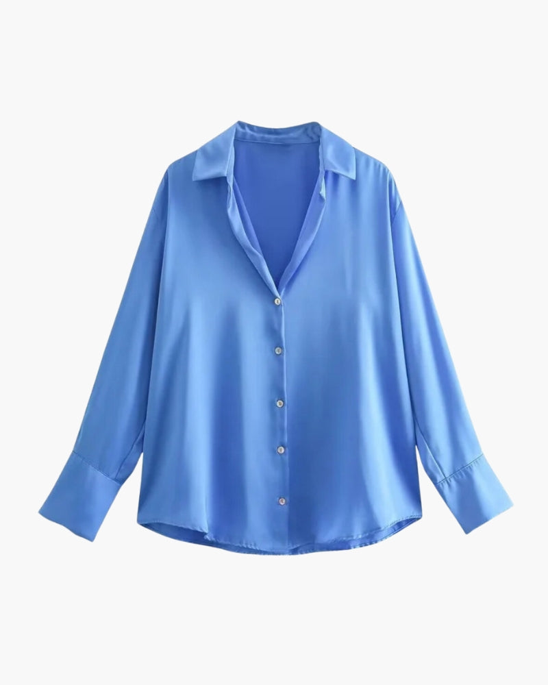 Women's Relaxed Button-Up Shirt with Rolled Sleeves and Chest Pocket - Light Blue