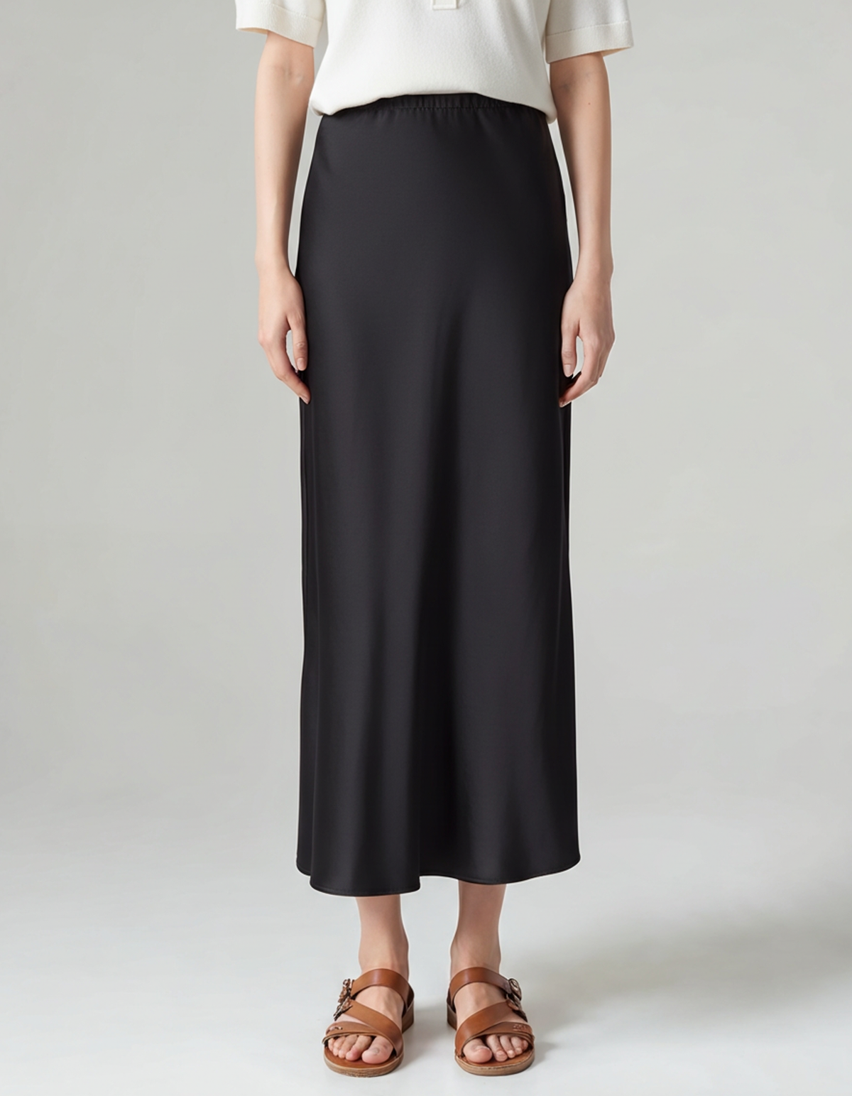 Women's Satin Midi Skirt with Elastic Waist and Bias Cut - Black
