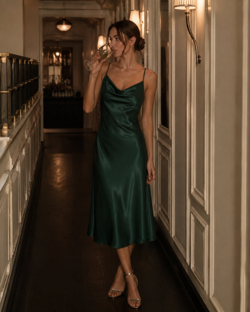 Women's Satin Slip Dress with Cowl Neck and Adjustable Straps