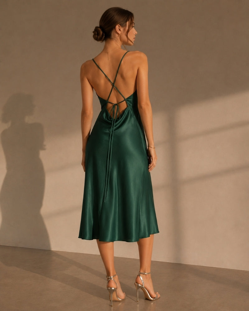 Women's Satin Slip Dress with Cowl Neck and Adjustable Straps