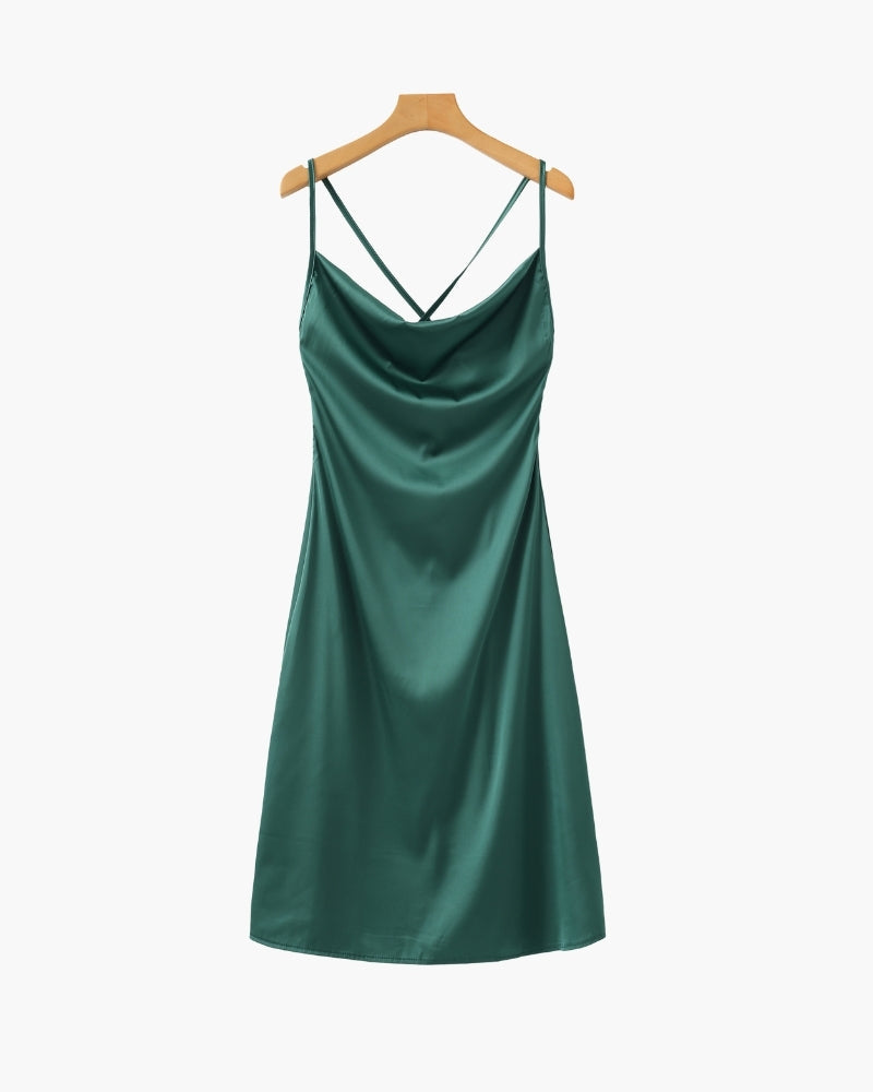 Women's Satin Slip Dress with Cowl Neck and Adjustable Straps - Green