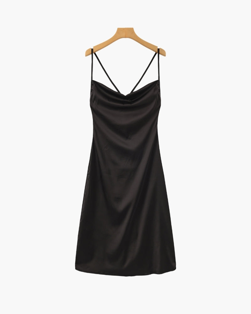 Women's Satin Slip Dress with Cowl Neck and Adjustable Straps - Black