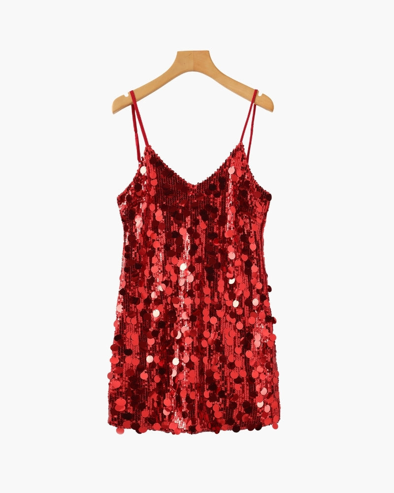 Women's Sequin Mini Dress with Spaghetti Straps - Red