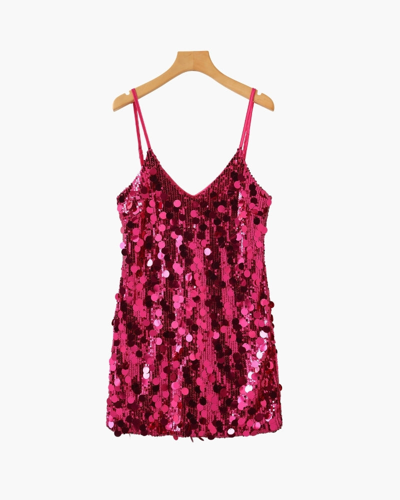 Women's Sequin Mini Dress with Spaghetti Straps - Pink